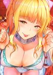  arm_guards blonde_hair blurry blush breast_squeeze breasts charlotte_(fire_emblem_if) cleavage clenched_hands collar covered_nipples depth_of_field fire_emblem fire_emblem_if green_eyes hair_ribbon highres large_breasts looking_at_viewer naughty_face ribbon smile solo tanakananataka3 tongue tongue_out 