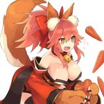  animal_ears bell bell_collar blush bow breasts brown_eyes carrot cleavage collar collarbone eyebrows_visible_through_hair fate/grand_order fate_(series) food fox_ears fox_tail guwatefu hair_bow large_breasts long_hair looking_away open_mouth pink_hair ponytail red_bow smile solo sparkle tail tamamo_(fate)_(all) tamamo_cat_(fate) 