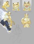  2015 absurd_res anthro big_muscles blue_eyes blush clothed clothing digital_media_(artwork) feline fur hi_res loverslessthanthree male mammal morenatsu muscular muscular_male nipples open_mouth pants pubes slippers smile solo stripes teeth tiger topless torahiko_(morenatsu) underwear undressed yellow_fur 