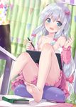  bangs barefoot bedroom blue_eyes blush book bow breasts clothes_pull commentary_request curtains d: eromanga_sensei eyebrows_visible_through_hair frills hair_bow holding indoors izumi_sagiri long_hair looking_at_viewer low-tied_long_hair nipples open_mouth pajamas purple_bow silver_hair sitting small_breasts solo stylus sweatdrop table tablet v-shaped_eyebrows yano_mitsuki 
