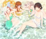  beach bikini bikini_skirt blonde_hair breasts brown_eyes brown_hair cleavage hat looking_at_viewer lying medium_breasts multiple_girls nekobayashi_(nekoforest) niijima_makoto okumura_haru on_side partially_submerged persona persona_5 sakura_futaba sitting smile sun_hat swimsuit takamaki_anne wariza water 