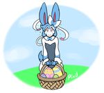  angelthecatgirl anthro basket blue_hair blue_tail bunny_costume clothing cloud costume cute easter eeveelution egg fur girly hair holidays leotard long_ears male nintendo pink_eyes pixil playboy_bunny pok&eacute;mon shiny_pok&eacute;mon sitting smile sparkle sylveon video_games white_fur wide_hips 