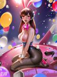  absurdres adapted_costume animal_ears areolae artist_name balloon breasts brown_hair bunny_ears bunny_tail bunnysuit character_name d.va_(overwatch) dildo facepaint facial_mark freckles headphones high_heels highres huge_filesize large_areolae liang_xing long_hair looking_at_viewer masturbation medium_breasts meka_(overwatch) nipples overwatch paid_reward pantyhose parted_lips patreon_reward seiza sex_toy shiny shiny_skin shoes_removed signature sitting solo tail topless torn_clothes torn_legwear watermark wet whisker_markings wrist_cuffs wristband 