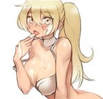  ass bare_arms bare_shoulders blonde_hair blush bra breasts cleavage commentary_request eyebrows_visible_through_hair finger_licking food hair_between_eyes highres large_breasts leaning_forward licking long_hair looking_at_viewer mole mole_on_breast off_shoulder original ponytail simple_background sketch solo sookmo tongue tongue_out underwear upper_body white_background white_bra yellow_eyes 