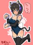  @_@ animal_ears black_legwear blue_eyes blue_ribbon blue_swimsuit blush breasts brown_hair cat_ears cat_tail cleavage collarbone commentary_request covered_navel dated detached_sleeves frilled_legwear frilled_sleeves frills fukurou_(owl222) hair_ribbon highres large_breasts major nyan one-piece_swimsuit open_mouth paw_pose pink_background ribbon school_swimsuit short_hair solo speech_bubble standing standing_on_one_leg sweatdrop swimsuit tail thighhighs 