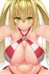  :&lt; asamura_hiori bangs bikini blonde_hair blush breasts cleavage closed_mouth collarbone commentary_request criss-cross_halter eyebrows_visible_through_hair fate/grand_order fate_(series) green_eyes hair_between_eyes halter_top halterneck highres large_breasts long_hair looking_at_viewer nero_claudius_(fate)_(all) nero_claudius_(swimsuit_caster)_(fate) red_bikini simple_background solo striped striped_bikini swimsuit tsurime twintails white_background 