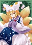  bangs blonde_hair blush closed_mouth commentary_request cowboy_shot dress fox_tail frilled_sleeves frills hands_in_opposite_sleeves hat kyuubi long_sleeves looking_at_viewer multiple_tails pillow_hat short_hair smile solo tabard tail tassel touhou white_dress wide_sleeves yakumo_ran yellow_eyes yozuki_shokora 