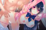  1girl ass black_hair blue_bow bow breast_grab breasts closed_mouth cowboy_shot doggystyle flower_knight_girl game_cg grabbing grabbing_from_behind hat hetero large_breasts long_hair nipples official_art ooji_cha panties panties_around_one_leg pink_eyes pink_hat pink_panties pink_shirt sex shiny shiny_skin shirt skirt standing_sex torenia_(flower_knight_girl) torso_grab underwear vaginal wavy_mouth white_skirt 