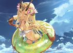  :p ass_visible_through_thighs bandeau bare_shoulders bikini blonde_hair blue_sky breasts butt_crack cleavage cloud cloudy_sky cowboy_shot day earrings facial_mark fate/grand_order fate_(series) flower food from_above front-tie_bikini front-tie_top green_innertube hair_flower hair_ornament highres horns ibaraki_douji_(fate/grand_order) ice_cream ice_cream_cone innertube jewelry leaning_forward long_hair looking_at_viewer looking_up md5_mismatch navel redjuice side-tie_bikini sidelocks sky small_breasts solo swimsuit tattoo tongue tongue_out very_long_hair yellow_eyes 