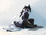  back_to_back black_lips blue_fur chest_tuft claws digitigrade duo fur grey_eyes grey_fur hi_res male neck_tuft nude open_mouth pawpads paws raesheris red_eyes sergal sitting toe_claws tuft white_fur 
