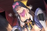  1girl :d black_hair bow breasts censored cowgirl_position dreamlight2000 flower_knight_girl game_cg girl_on_top green_eyes hair_bow happy_sex hazeran_(flower_knight_girl) hetero huge_bow long_hair medium_breasts mosaic_censoring nipples official_art open_mouth penis pink_bow scarf sex smile squatting straddling thighhighs tongue vaginal yellow_bow 