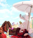  2017 alcohol anthro antlers areola beach beverage breasts bulge cervine clothed clothing cloud dickgirl dragon duo_focus english_text eyewear female game_boy group hair horn intersex long_hair lying lysergide male mammal membranous_wings moose multicolored_hair nintendo nipples on_back outside red_panda sand sand_castle sculpture seaside sky sunglasses text topless video_games wings 