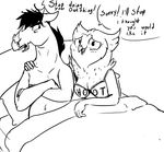  anthro avian bed bird blush bojack_horseman bojack_horseman_(character) bra clothing dialogue duo english_text equine female hi_res horse interspecies male male/female mammal owl pkbunny sketch speech_bubble text underwear wanda_pierce 