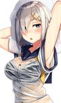  :o armpits arms_behind_head arms_up black_bra blue_eyes bra breasts bright_pupils eyebrows_visible_through_hair hair_ornament hair_over_one_eye hairclip hamakaze_(kantai_collection) kantai_collection medium_breasts plan_(planhaplalan) sailor_collar sailor_shirt see-through shirt short_hair short_sleeves silver_hair simple_background solo towel towel_on_head underwear v-shaped_eyebrows wet wet_clothes wet_shirt white_background 