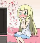  bare_shoulders bed blonde_hair blush braid commentary_request dress fukurou_(owl222) green_eyes lillie_(pokemon) long_hair on_bed pokemon pokemon_(game) pokemon_sm sitting sitting_on_bed sleeveless sleeveless_dress solo sweat television translated twin_braids watching_television white_dress 