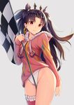  bangs between_legs black_hair checkered checkered_flag cowboy_shot crown earrings eyebrows_visible_through_hair fate/grand_order fate_(series) flag frilled_legwear fur_trim hair_ribbon hand_up highleg highleg_swimsuit highres holding holding_flag hood hoodie hoop_earrings ishtar_(fate/grand_order) ishtar_(swimsuit_rider)_(fate) jewelry light_smile looking_at_viewer md5_mismatch parted_bangs pink_legwear red_eyes ribbon single_thighhigh solo swimsuit swimsuit_under_clothes thighhighs thighs two_side_up white_swimsuit yan_(nicknikg) 
