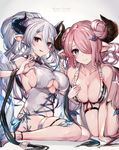  adjusting_clothes adjusting_swimsuit bare_shoulders bikini blue_eyes breasts cleavage collarbone commentary_request cross-laced_clothes double_bun draph granblue_fantasy hair_between_eyes hair_ornament hair_over_one_eye hairclip hand_on_own_chest highres hips horns izmir kneeling large_breasts leaning_forward legs long_hair looking_at_viewer mole mole_under_mouth multiple_girls narmaya_(granblue_fantasy) open_mouth oyu_(sijimisizimi) pink_hair pointy_ears ponytail red_eyes sandals sash sideboob sidelocks silver_hair sitting smile swimsuit thigh_strap thighs underboob underboob_cutout very_long_hair wariza white_bikini white_swimsuit 