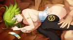  1girl :&lt; areolae armlet black_legwear blue_eyes bors_(eiyuu_senki) breasts censored collarbone eiyuu_senki eiyuu_senki_gold game_cg green_hair hetero knees_together_feet_apart large_breasts looking_at_viewer lying mosaic_censoring nipples on_bed on_side one_eye_closed ooyari_ashito penis pussy_juice sex short_hair solo_focus sweatdrop tears thighhighs 