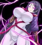  :q black_hair blush bodysuit breasts commentary_request covered_navel cowboy_shot electricity fate/grand_order fate_(series) glowing glowing_eyes highres japanese_clothes large_breasts long_hair looking_at_viewer minamoto_no_raikou_(fate/grand_order) pink_eyes purple_bodysuit rope shiki_(psychedelic_g2) smile solo tongue tongue_out very_long_hair 