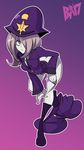  1girl ass bigdead93 boots breasts hair_over_one_eye hat little_witch_academia long_hair police police_hat police_uniform policewoman purple_hair red_eyes solo sucy_manbavaran underwear undressing 