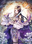  black_hair blue_eyes center_opening copyright_name flower force_of_will heterochromia leaf lumia_(force_of_will) multicolored_hair natsuiro_xx official_art red_eyes solo star sword tiara two-tone_hair upper_body weapon white_hair 