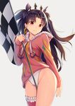  bangs between_legs black_hair checkered checkered_flag commentary_request cowboy_shot crown earrings eyebrows_visible_through_hair fate/grand_order fate_(series) flag frilled_legwear fur_trim hair_ribbon hand_up highleg highleg_swimsuit highres holding holding_flag hood hoodie hoop_earrings ishtar_(fate/grand_order) ishtar_(swimsuit_rider)_(fate) jewelry light_smile long_hair looking_at_viewer md5_mismatch parted_bangs pink_legwear red_eyes revision ribbon single_thighhigh solo swimsuit swimsuit_under_clothes thighhighs thighs two_side_up white_swimsuit yan_(nicknikg) 