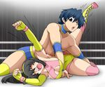  1boy 1girl ahoge black_hair blue_eyes blue_hair blue_thunder_mask blush boots breasts cleavage cleavage_cutout covered_navel full_body hair_ornament large_breasts legs_apart leotard ninoita_rina open_mouth pain pinned ryona screaming sweat uujiteki-33 wrestler wrestling wrestling_outfit 