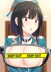  :o areola_slip areolae bangs black_hair blunt_bangs blurry blurry_background blush breasts caution_tape commentary_request door eyewear_view hat kanden_suki kantai_collection keep_out large_breasts mole mole_under_eye open_mouth red_eyes short_hair short_hair_with_long_locks solo sweat sweatdrop takao_(kantai_collection) v-shaped_eyebrows x-ray x-ray_glasses x-ray_vision 