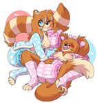  anthro bear blush bow breasts clothed clothing diaper diapered-buns duo eyes_closed female female/female lying mammal nipples pacifier panda pandaren simple_background sleeping smile video_games warcraft 