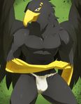  2015 5_fingers abs anthro avian beak biceps black_body black_feathers blue_eyes bulge clothed clothing digital_media_(artwork) eyebrow_piercing facial_piercing feathered_wings feathers front_view fundoshi green_background grey_body grey_feathers hi_res hidoritoyama japanese_clothing looking_at_viewer male muscular muscular_male pecs piercing simple_background solo standing topless underwear wings 