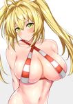  ahoge arms_behind_back bangs bare_shoulders bikini blonde_hair blush breasts cleavage collarbone commentary_request criss-cross_halter fate/extra fate/grand_order fate_(series) green_eyes hair_intakes halterneck highres large_breasts long_hair looking_at_viewer navel nero_claudius_(fate)_(all) nero_claudius_(swimsuit_caster)_(fate) sankakusui shiny shiny_skin sideboob simple_background skindentation smile solo striped striped_bikini swimsuit twintails white_background 