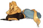  2017 anthro big_breasts breasts canine cherrikissu cleavage clothed clothing dogmom female fully_clothed hi_res lying mammal on_front simple_background solo tablet white_background 