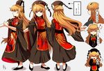  :d alternate_hairstyle chinese_clothes dated dress dress_shoes hair_ornament hair_rings hair_stick hat junko_(touhou) long_hair long_sleeves multiple_views neck_ribbon no_headwear open_mouth orange_hair red_eyes ribbon rolling_sleeves_up sameya sash simple_background smile tabard tassel touhou translation_request wide_sleeves 