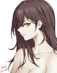  2017 absurdres artist_name bangs bare_arms bare_shoulders breasts brown_hair character_name cleavage closed_mouth collarbone dated eyelashes girls_frontline hair_between_eyes highres long_hair looking_at_viewer medium_breasts nose nz_75_(girls_frontline) simple_background solo upper_body white_background yellow_eyes zui_ai_shuang_mawei 