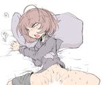  1girl black_serafuku bottomless brown_hair cum cum_on_lower_body drooling female female_orgasm flat_color lying on_back open_mouth orgasm out-of-frame_censoring sakifox sheet_grab short_hair solo 