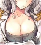  areola_slip areolae blush breast_squeeze breasts cleavage close-up collarbone commentary_request epaulettes head_out_of_frame kanden_suki kantai_collection kashima_(kantai_collection) large_breasts long_sleeves silver_hair smile solo twitter_username two_side_up unbuttoned unbuttoned_shirt 