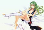  bangs bare_shoulders barefoot bed_sheet breasts c.c. cleavage code_geass collarbone eyebrows_visible_through_hair feet full_body green_hair high_heels knee_up leg_up legs long_hair lying medium_breasts meimi_k on_back on_bed parted_lips plantar_flexion putting_on_shoes shoes sidelocks single_shoe solo uniform yellow_eyes 