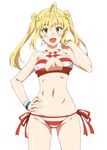  :d bikini blonde_hair breasts criss-cross_halter earrings fate/grand_order fate_(series) green_eyes halterneck jewelry kobayashi_shinpei medium_breasts navel nero_claudius_(fate)_(all) nero_claudius_(swimsuit_caster)_(fate) open_mouth smile solo striped striped_bikini striped_swimsuit swimsuit twintails 