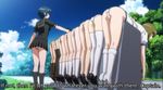  00s 6+girls agent_aika aika_zero ass bent_over black_legwear defeated female from_behind gradient high_heels kneehighs legs lineup loafers multiple_girls panties pantyshot shoes skirt_around_belly skirt_lift stitched subtitles take_your_pick thighhighs thighs trefoil unconscious underwear white_legwear white_panties 