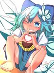  &gt;:) ;) barefoot blue_bow blue_dress blue_eyes blue_hair blush bow cirno commentary_request dress flower furorina grin hair_between_eyes hair_bow heart heart_hands highres ice ice_wings looking_at_viewer one_eye_closed puffy_short_sleeves puffy_sleeves short_sleeves smile solo squatting sunflower tanned_cirno touhou v-shaped_eyebrows wings 