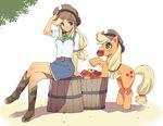  apple apple_print applejack arm_support bangs belt blonde_hair blue_skirt blush boots breasts brown_footwear brown_hat bucket closed_mouth collared_shirt commentary_request crossed_legs eyebrows_visible_through_hair food fruit full_body green_eyes hat highres horse horse_tail knee_boots long_hair looking_at_another low-tied_long_hair medium_breasts mouth_hold my_little_pony my_little_pony_equestria_girls my_little_pony_friendship_is_magic personification profile shadow shirt short_sleeves sitting skirt smile standing swept_bangs tail takeda_sun white_background white_shirt wing_collar 