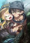  1girl ;d blonde_hair blush brown_gloves brown_hair cape closed_mouth eyebrows_visible_through_hair glasses gloves green_eyes hair_between_eyes hand_on_another's_chest hat helmet hug long_hair looking_at_viewer low_twintails made_in_abyss mechanical_arms navel ogino_atsuki one_eye_closed open_mouth pointy_ears regu_(made_in_abyss) riko_(made_in_abyss) smile sun_hat thick_eyebrows twintails yellow_eyes 