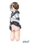  ass black_skirt blush brown_eyes brown_hair cowboy_shot ebifurya flat_ass groin highres kantai_collection lifted_by_self looking_at_viewer low_twintails navel open_mouth panties panty_pull pleated_skirt pubic_hair shirayuki_(kantai_collection) short_sleeves simple_background skirt skirt_lift solo stomach sweat tears twintails twitter_username underwear white_background white_panties 