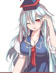  ;) blue_dress blue_hair blush breasts cleavage commentary_request dress furorina hair_tucking hat kamishirasawa_keine large_breasts looking_at_viewer multicolored_hair one_eye_closed parted_lips puffy_short_sleeves puffy_sleeves red_eyes short_sleeves silver_hair smile solo touhou two-tone_hair upper_body 