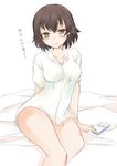  abenattou bangs bed brown_eyes brown_hair caesar_(girls_und_panzer) closed_mouth eyebrows_visible_through_hair girls_und_panzer light_smile looking_at_viewer naked_shirt no_pants shirt short_hair short_sleeves sitting solo translation_request white_background white_shirt 