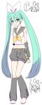  aqua_eyes aqua_hair arm_tattoo arms_behind_back bare_shoulders belt blush bow cosplay detached_sleeves hair_bow hair_ornament hairclip hatsune_miku headphones headset highres kagamine_rin kagamine_rin_(cosplay) leg_warmers long_hair midriff navel sailor_collar shorts smile solo tamara tattoo treble_clef twintails very_long_hair vocaloid 