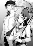  1girl breasts cleavage coat collarbone greyscale hat heterochromia hiroya_juuren jewelry long_sleeves looking_at_viewer melodic_cudgel monochrome multicolored_hair necklace neo_(rwby) roman_torchwick rwby small_breasts smile two-tone_hair umbrella 