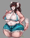  2017 :3 anthro belly big_belly big_breasts big_butt big_thighs bikini bikini_top biped black_nose breasts brown_hair butt cat chest_tuft claws cleavage clothed clothing countershade_face countershade_torso countershading cutoffs denim_shorts digital_media_(artwork) digital_painting_(artwork) dipstick_tail ears_back eyelashes fate_(trinity-fate62) feline female front_view fur green_eyes grey_background guwu hair half-closed_eyes hand_on_butt huge_breasts huge_butt humanoid_hands inner_ear_fluff long_hair looking_at_viewer mammal muffin_top multicolored_fur multicolored_tail navel nipple_bulge open_mouth open_smile overweight overweight_female pink_fur pointing pointing_up ponytail portrait pose shorts signature simple_background smile solo standing swimsuit tail_tuft three-quarter_portrait tuft two_tone_fur white_countershading white_fur 