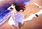  absurdres artist_name beach bird black_hair brown_eyes copyright_name day dress floating_hair from_side hand_in_hair highres holding holding_shoes long_hair looking_at_viewer oikawa_nazuna outdoors shoes sleeveless sleeveless_dress solo standing sundress suwa_koma uchiage_hanabi_shita_kara_miru_ka?_yoko_kara_miru_ka? white_dress 