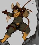  2017 3_fingers 3_toes :3 action_pose anthro bag barefoot bat belly biped black_clothing black_fur black_hair body_hair brown_clothing brown_eyes brown_fur bulge chest_tuft claws cliff clothing coin crop_top dagger deep_navel digital_media_(artwork) digital_painting_(artwork) digitigrade fangs fluffy front_view full-length_portrait fur gold_(metal) gold_coin grey_background guwu hair happy_trail hi_res hindpaw holding_object hoodie humanoid_hands male mammal markings melee_weapon membranous_wings multicolored_fur multicolored_hair navel object_in_mouth one_eye_closed outside overweight overweight_male paws pointing portrait red_hair rope sev_(pelao0o) shirt short_hair signature simple_background smile socks_(marking) solo spread_wings standing thong toe_claws toes tuft two_tone_fur two_tone_hair weapon wings wink 
